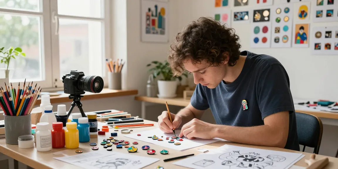 Creating custom pins with colorful designs in a vibrant studio atmosphere.
