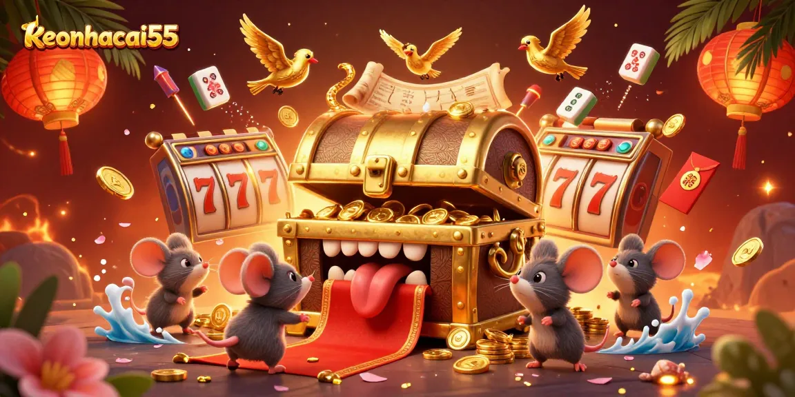 Engage with the vibrant keonhacai55 scene featuring a treasure chest and jackpot symbols.