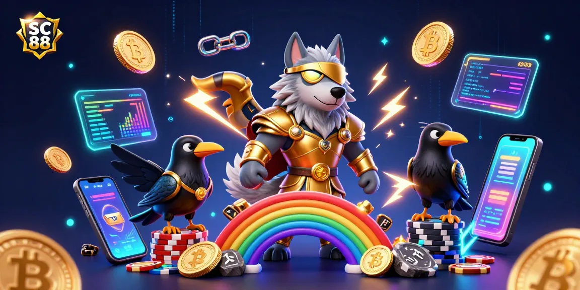 Engage with SC 88's vibrant casino bridge illustration featuring mythical Norse characters and crypto elements.