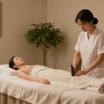 Relaxing 용산출장마사지 atmosphere with serene spa details and therapist preparing oils.