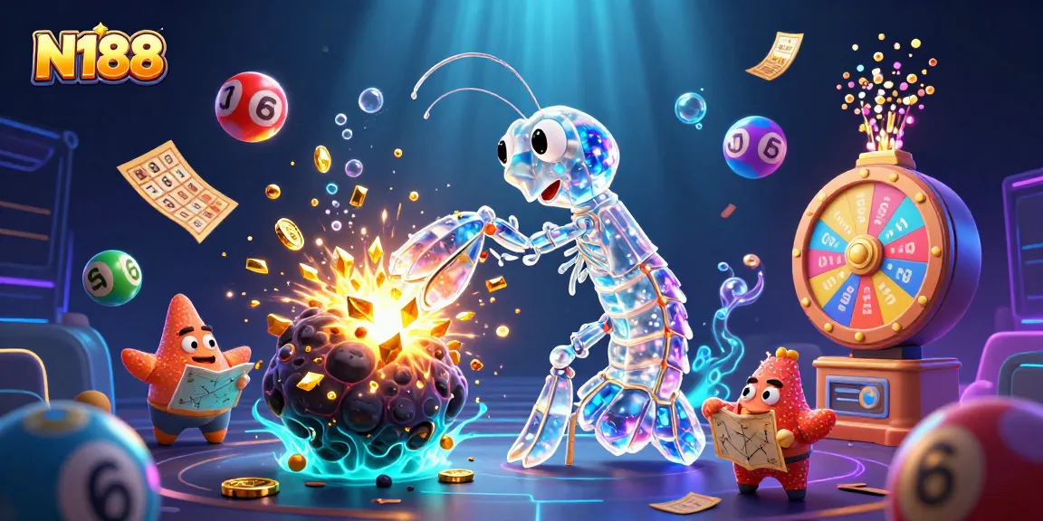 N188 offers an exciting experience with a dynamic scene of a galactic samurai mantis shrimp amidst a burst of winning elements.