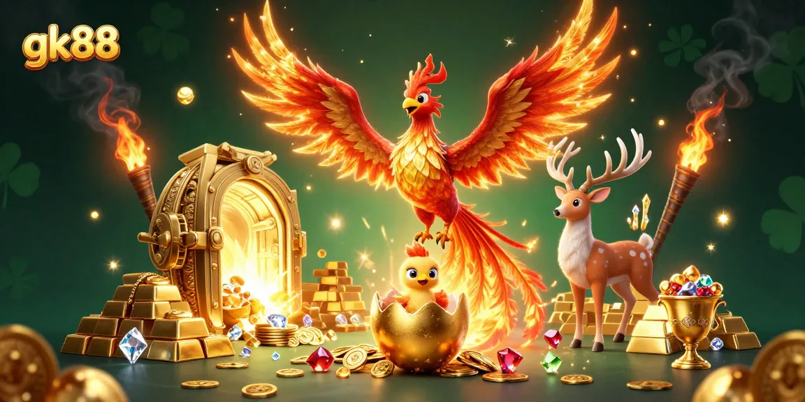 Experience thrilling wins at gk88 with a vibrant 3D casino scene featuring mythical characters and treasures.
