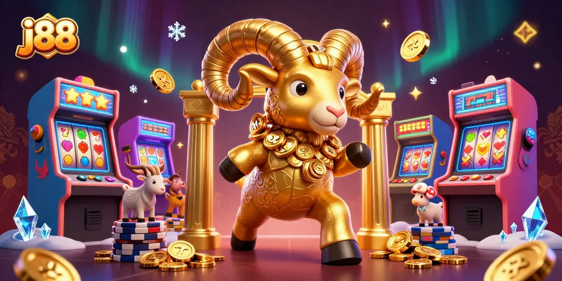 Experience j88 in a vibrant 3D casino illustration with golden ram and game elements
