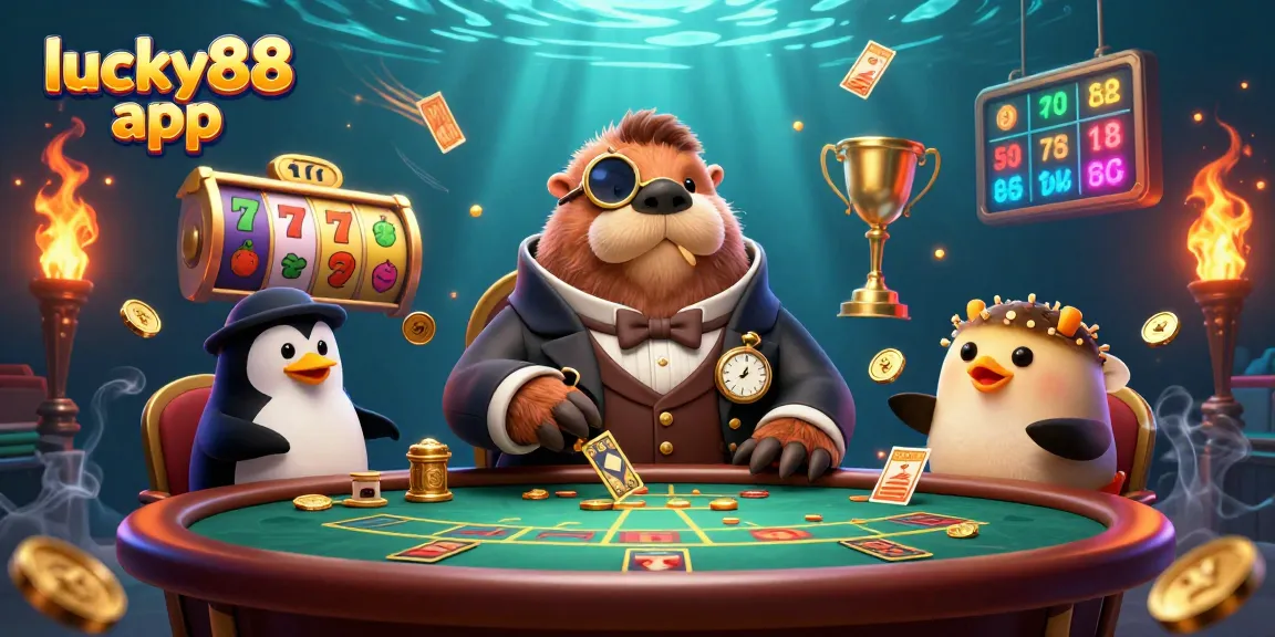 Get ready to play the lucky88 app with a jolly walrus and a bluffing pufferfish at an underwater poker table.