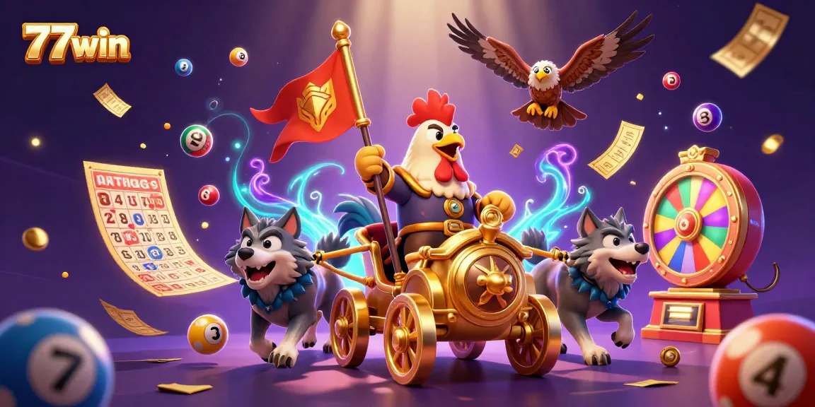 77win showcases a vibrant 3D casino scene with a rooster warlord and dynamic lottery elements.