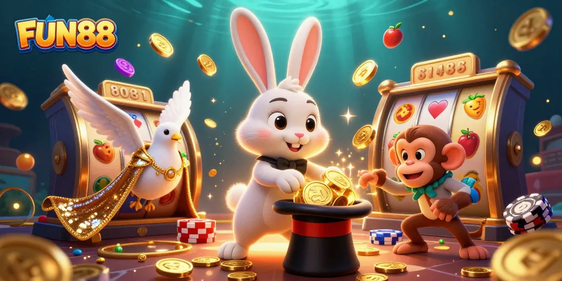 Spin the reels at FUN88 while a rabbit magician conjures golden coins, a dove dazzles, and a monkey steals poker chips.
