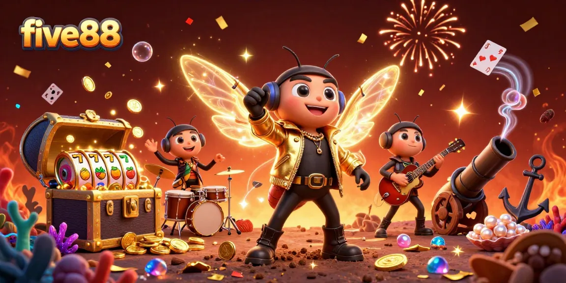Experience the excitement of five88 with a vibrant scene of a cicada rock star and gaming elements.