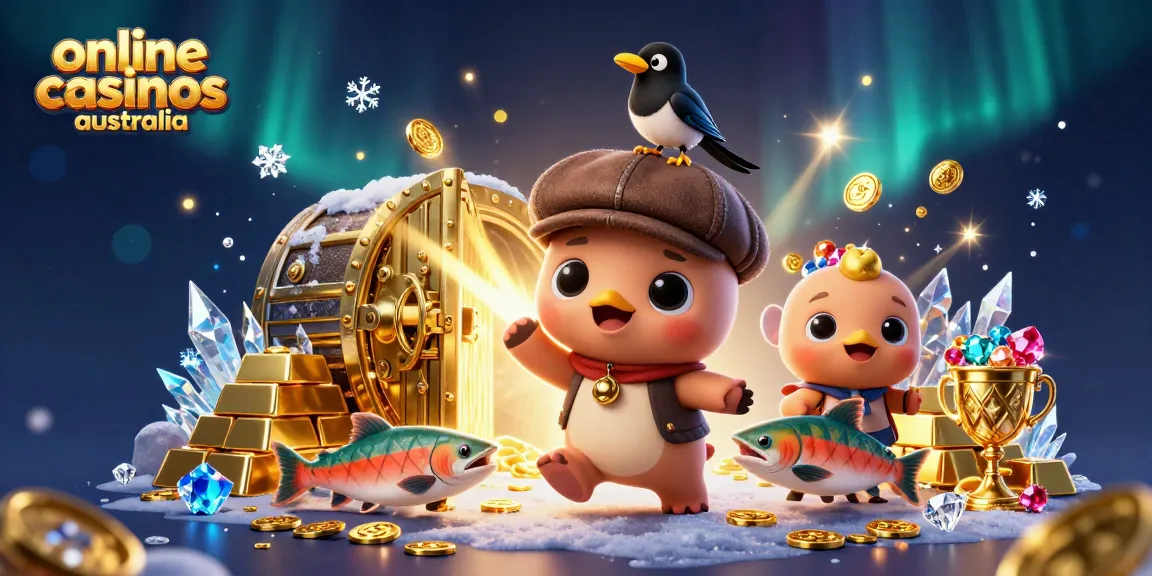 Play and win at online casinos Australia featuring delightful cartoon characters and treasure.