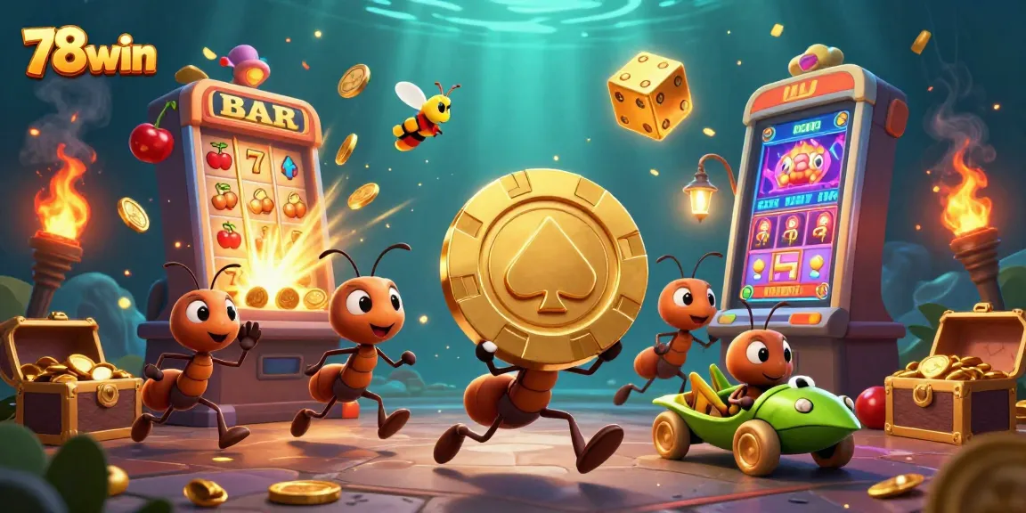 Experience thrilling 78win action as ants execute a heist with a giant poker chip amidst jackpot excitement.
