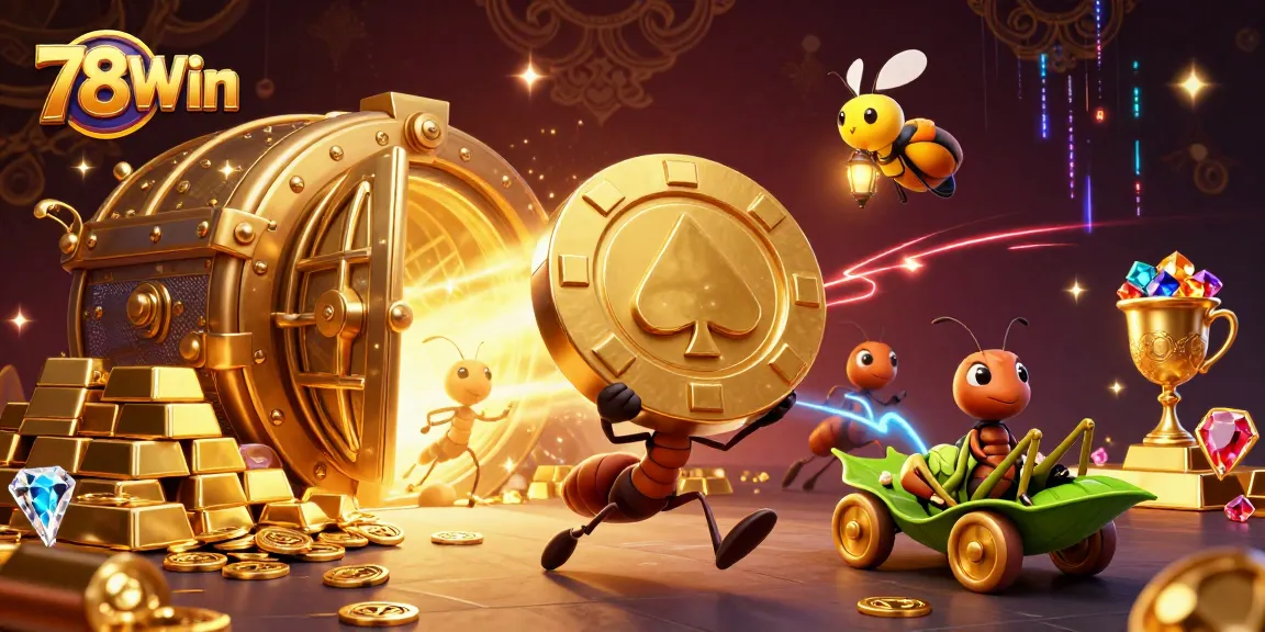 Engage in thrilling gaming adventures with 78Win's lively casino illustration featuring playful characters and dazzling treasures.