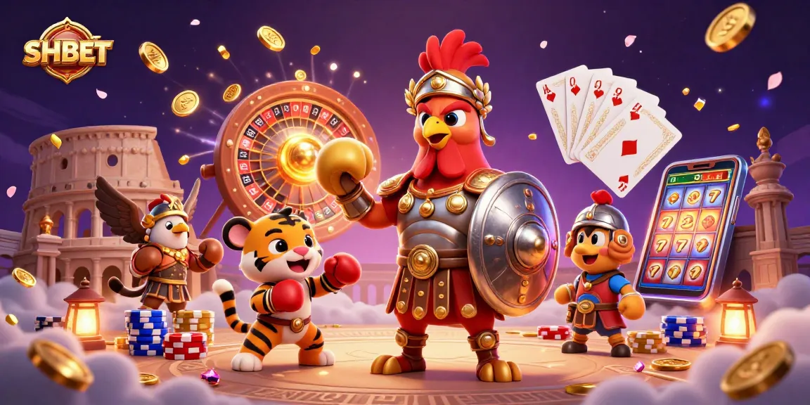 Experience the excitement of SHBET with a vibrant 3D illustration featuring a rooster warrior amidst casino magic.