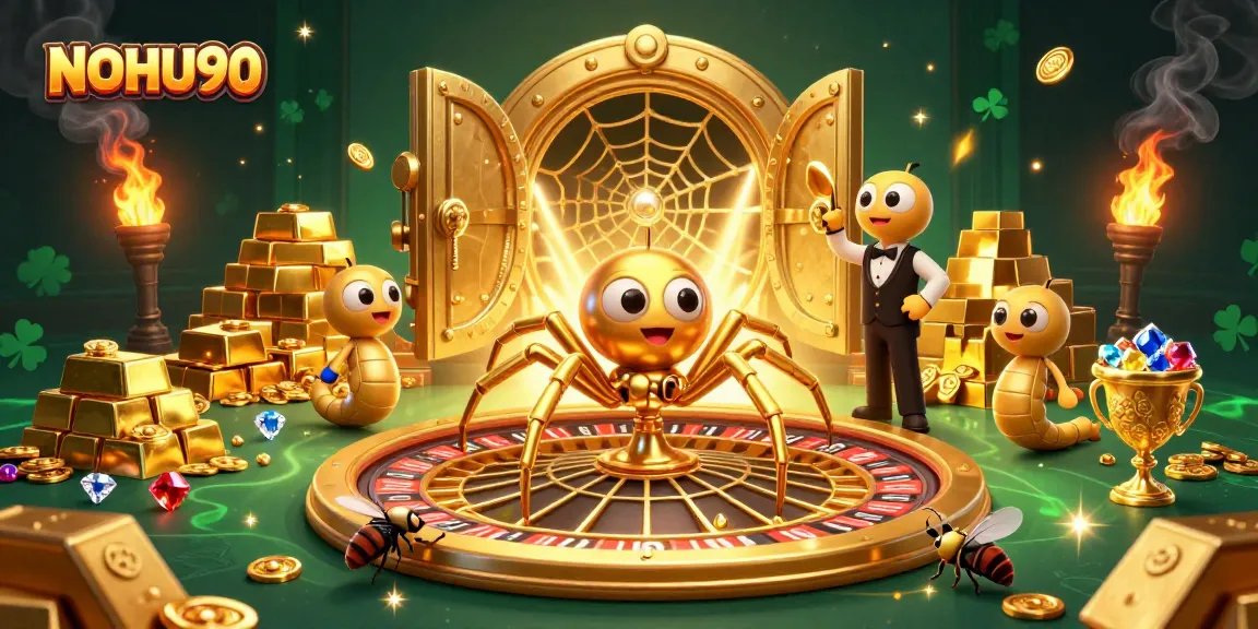 NOHU90 showcases vibrant casino elements with a golden spider and dynamic gaming scene.