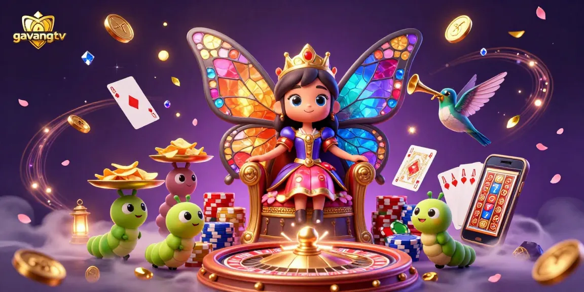 Engage with gavangtv's vibrant 3D scene featuring the butterfly queen amidst casino elements.
