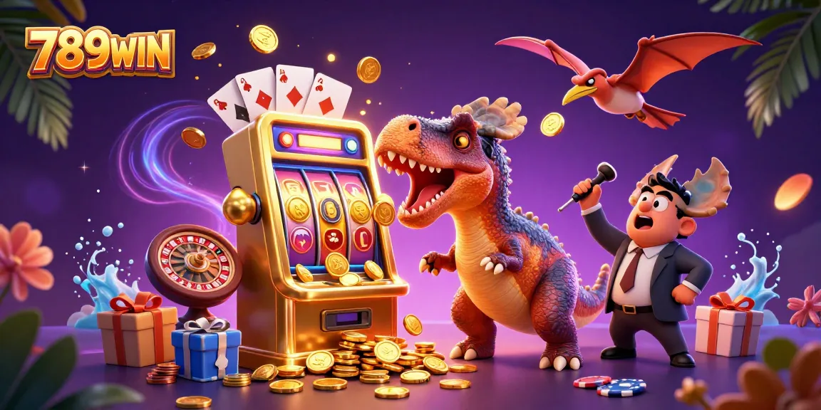 Catch flying coins with 789WIN as dinosaurs celebrate jackpots at the casino.