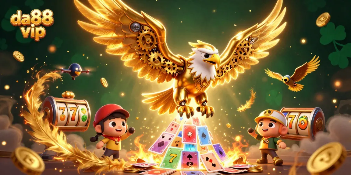 Engage with da88 vip and explore vibrant 3D slots action featuring a cybernetic eagle amidst colorful gaming elements.
